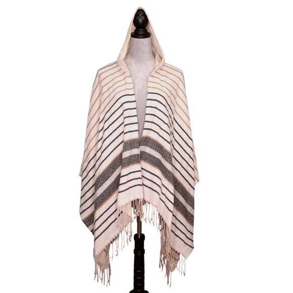 BCBGeneration Poncho Womens One Size Ivory Striped Fringe Hooded Cape bcbg - Picture 1 of 13